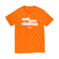 Orange short-sleeved tee shirt with "end gun violence" printed in white bold, rounded, lowercase letters. Print has a vintage weathered texture.A small, white "Wear Orange" logo is centered beneath the text.