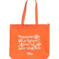 Orange tote bag with orange straps and a zipper enclosure. In an italic, serif font, it reads: Imagine a future free of gun violence. The white text is embellished with light orange and white flowers, butterflies, and bees. A small Wear Orange logo is printed in white below the text.