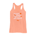 Peach colored women's cut racerback tank top, front view. In an italic, serif font, it reads: Imagine a future free of gun violence. The text is embellished with orange and white flowers, butterflies, and bees. A small Wear Orange logo is printed in orange below the text.