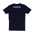 Back view of a navy blue unisex tee shirt with Everytown, Moms Demand Action, and Students Demand Action logos in a horizontal line below the collar.