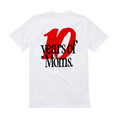 Back view of a white short sleeve tee shirt. A large red "10" is printed with overlapping black text on top that reads "years of Moms."