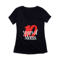 Front view of a black short sleeve scoop neck women's cut tee shirt. A large red "10" is printed with overlapping white text that reads "years of Moms."