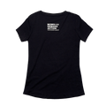 Back view of a short sleeve women's cut tee shirt. A small, white Moms Demand Action logo is printed a couple inches down from the collar.