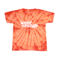 Orange tie-dye short-sleeve unisex kids t-shirt with a white Wear Orange logo printed across the chest.