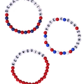 Three beaded friendship bracelets. First bracelet reads Demand Action with alternating red and blue beads. Second bracelet reads Vote 4 Gun Sense surrounded by red, white, and blue beads. Third bracelet reads Keep Going, with a heart between the words, surrounded by red beads.