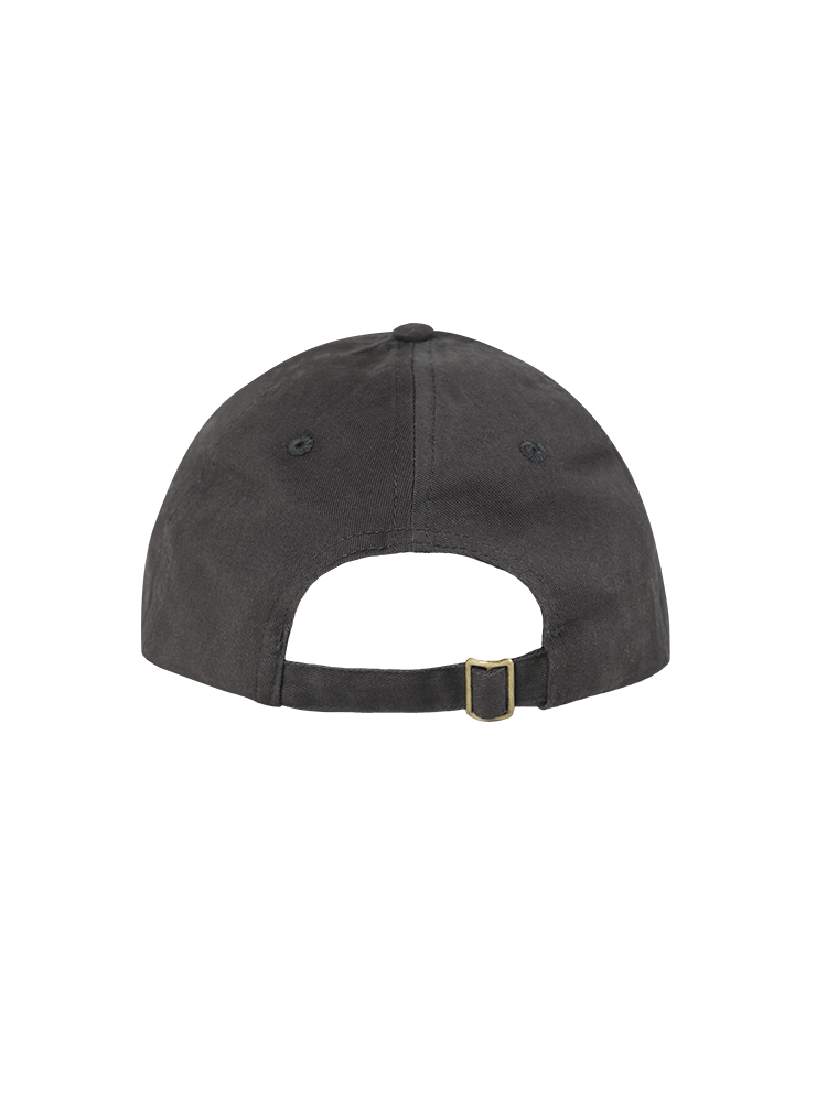 Back view of a gray ballcap with adjustable fabric strap.