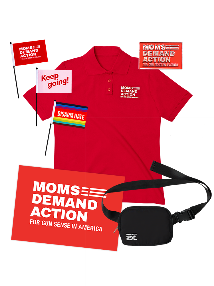 Product image of red polo with white embroidered Moms Demand Action logo on left chest, 11x17 inch red sign with Moms Demand Action logo, black belt bag with white Moms Demand Action logo, red enamel pin with silver Moms Demand Action logo, and pack of 3 mini flags—one with the Moms Demand Action logo, one that says Keep going!, and one that says DISARM HATE.