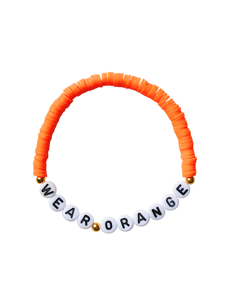 Beaded friendship bracelet with orange and gold beads. White beads with black letters spell out "WEAR ORANGE."
