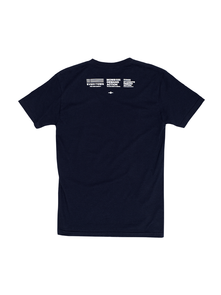 Back view of a navy blue unisex tee shirt with Everytown, Moms Demand Action, and Students Demand Action logos in a horizontal line below the collar.