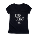 Front view of a black v-neck short sleeved tee shirt with white text that reads "KEEP GOING" all caps italic in a serif font. A small Moms Demand Action logo is centered under the text.