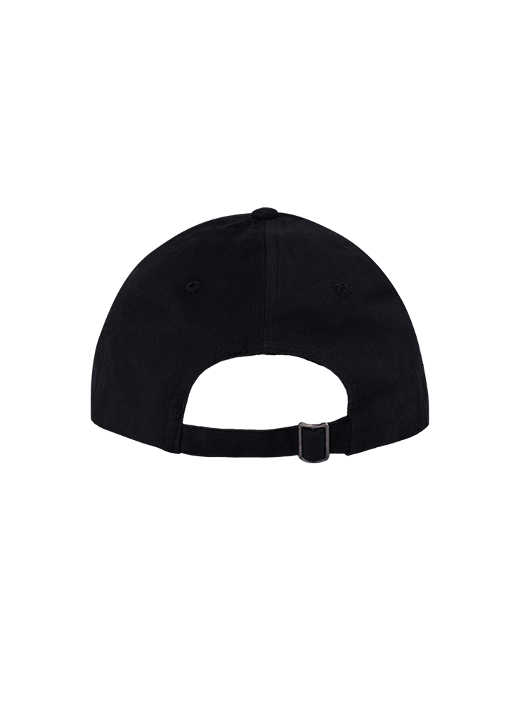 Back view of black baseball cap with gray metallic size adjuster on the strap.
