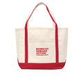 Natrual canvas boat tote with red stripe of fabric along the bottom and red fabric stitched onto the straps. There's a small front pocket with a red embroidered Moms Demand Action logo.