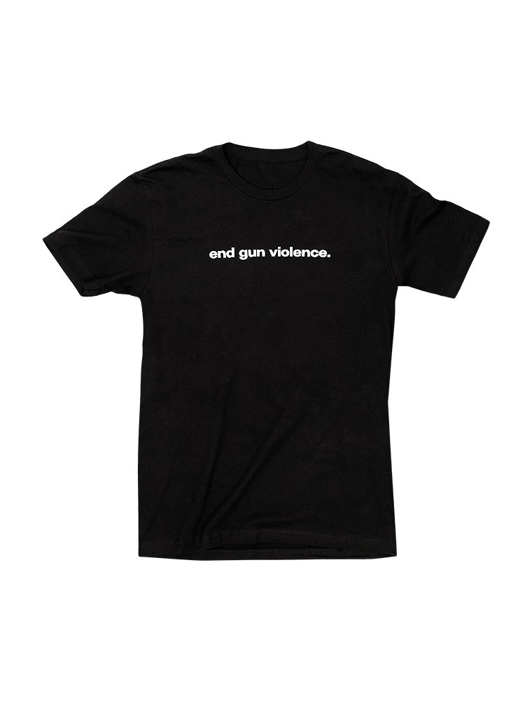 Front view of a black unisex tee shirt that reads "end gun violence." in blocky, lowercase letters.